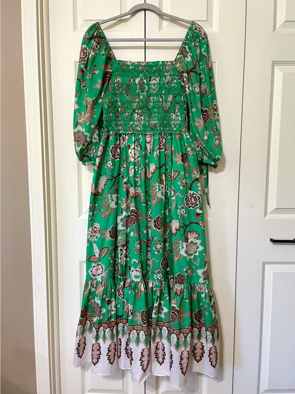 Cara Cara Jazzy Midi Dress Green Floral Smocked Puff Sleeve Cotton Cottagecore - Picture 9 of 16